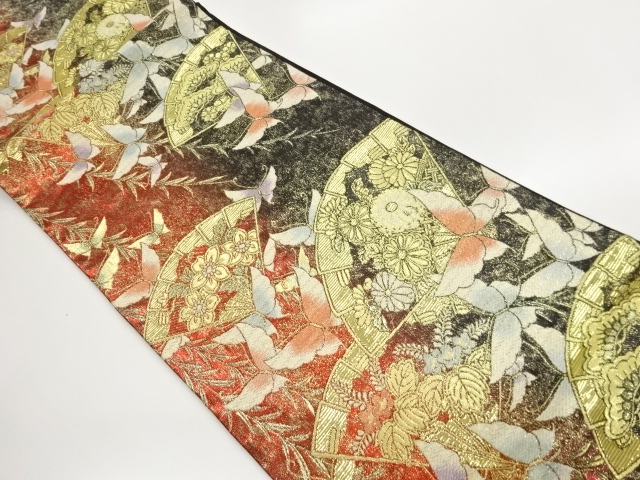JAPANESE KIMONO / FUKURO OBI / WOVEN FLORAL / BUTTERFLY PATTERNS A FAN